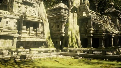 Ancient Temple Complex Surrounded By Lush Trees in Cambodia at Dawn