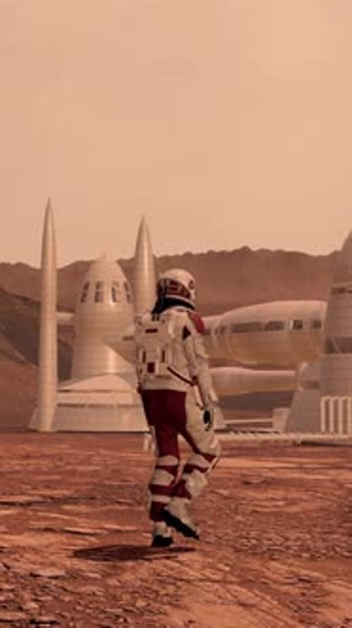 Astronaut Exploring Alien Planet with Futuristic Colony