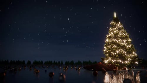 Animated Christmas Tree Scene with Falling Snow and Gifts