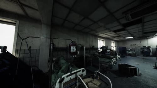Abandoned Hospital Room with Empty Beds and Medical Equipment at Dusk