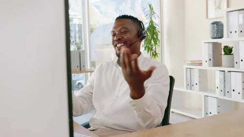 Happy call center, black man and talking on computer, customer service and crm help desk