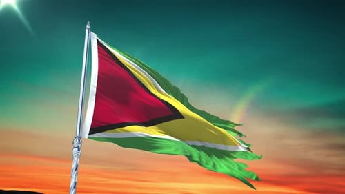 Guyana National Flag Waving Animation at Sunset