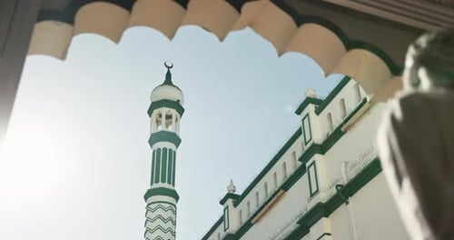 Islam, people and walking in Makkah for faith, worship and eid mubarak with gratitude or prayer