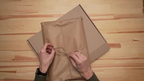 Delivery man hands with Cardboard Box mockup. Top view