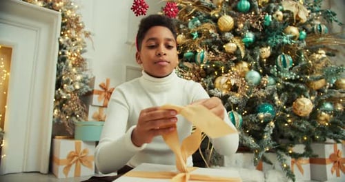 Boy With Gift in Front of Christmas Tree