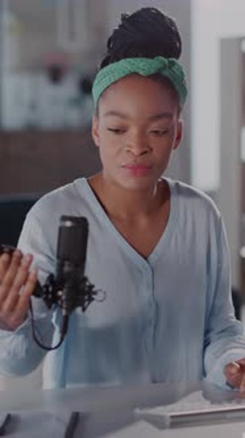 Woman Records Podcast at Home on Computer