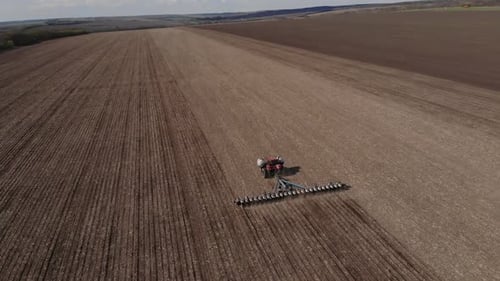 Green tractor works on the field sowing sunflower. Tractor planting corn in Ukraine