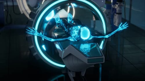 Glowing Blue Skeleton Scan in Futuristic Medical Device