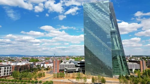 Aerial drone view of Frankfurt downtown, Germany. Skyscraper, greenery, buildings around