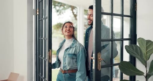 Happy couple, real estate or hug in new home for moving in, house sale or ownership for successful