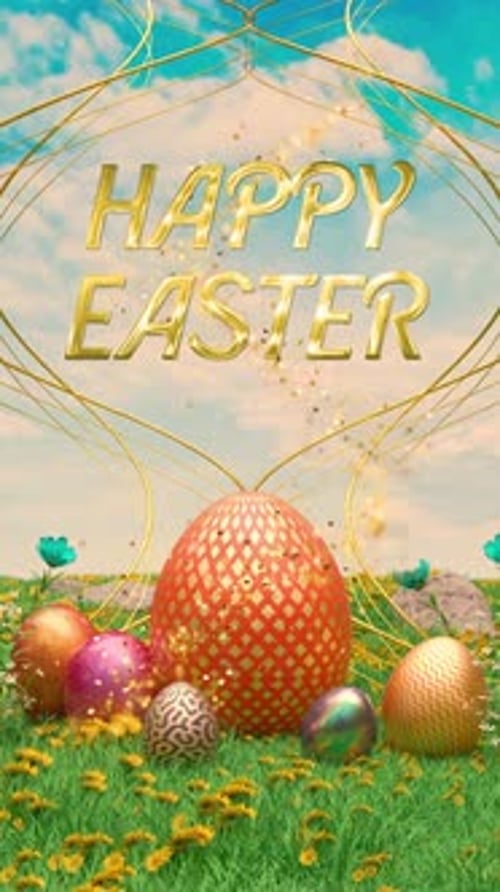 Frohe Ostern, Eier auf dem goldenen Podium, im Gras und Blumen an einem sonnigen Tag