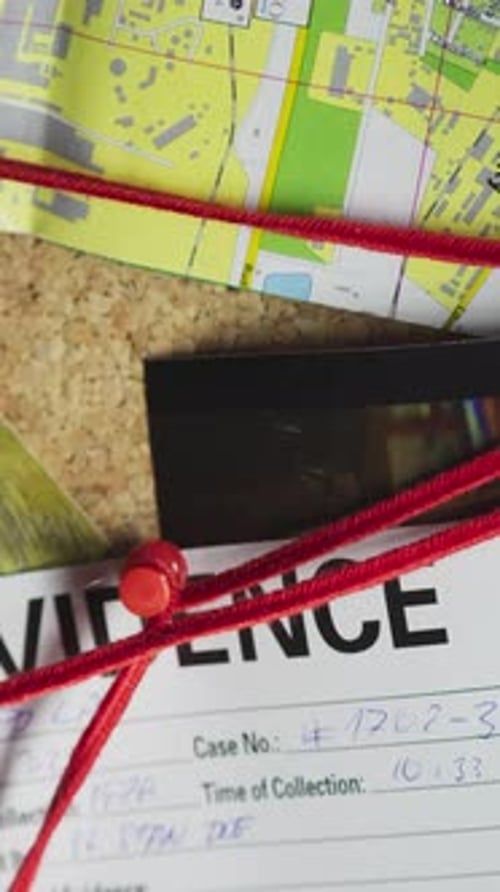 Police detective crime desk investigation clues board CLOSE-UP