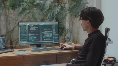 Software Developer Scrolling through Source Code on Computer