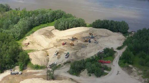 Aerial view loading bulldozer in open air quarry. Sand mining industry. Bulldozer machine. Crawler b