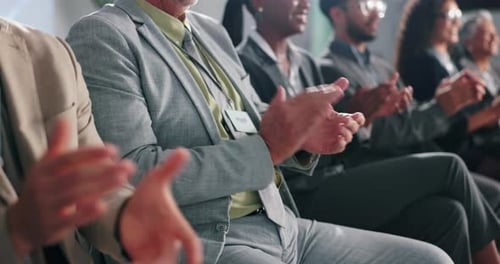 Achievement, audience and applause for presentation, hands or group in training workshop or seminar