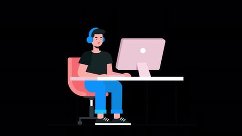 Flat Design Animated Character Working on Computer with Headphones