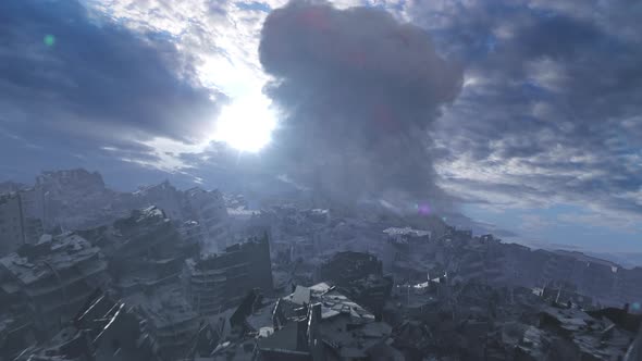 Nuclear explosion close to destroyed city, sunset aerial view ...