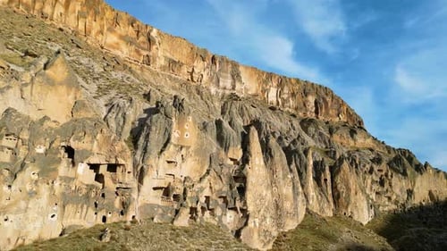 Ancient Carved Rock Dwellings Seen from Aerial Perspective