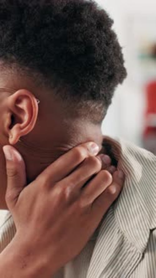 Office, man and stress with neck pain for business deadline, anxiety or burnout at creative agency