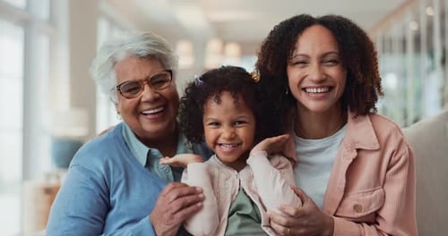 Face of grandma, mom and child on sofa happy for bonding, loving relationship and relax together