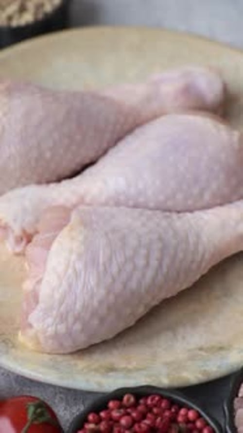 Three Raw Chicken Drumsticks on Plate Close Up