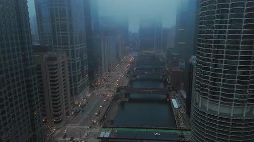 Wide Aerial Shot of Downtown Chicago Under a Layer of Fog