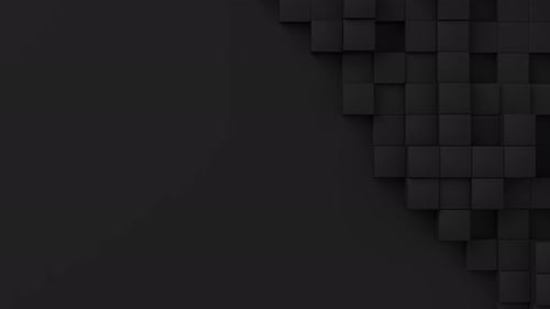 Schwarze Würfel mit zufälliger Größe, Move and Grow Loop, Platz für Text auf der linken Seite, abstrakter 3D-Renderer