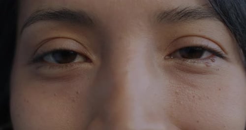 Closeup Portrait of Female Eyes Blinking While Hispanic Woman Looking at Camera