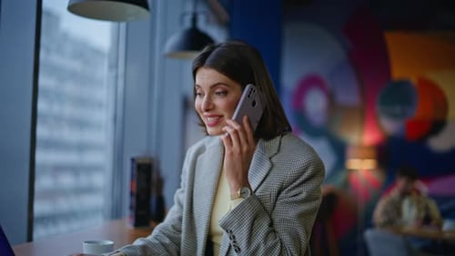 Portrait Cheerful Woman Calling Smartphone in Cozy Cafeteria Brunette Talking