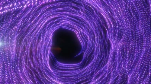 Futuristic purple tunnel of glowing dots forming a deep vortex with cosmic energy