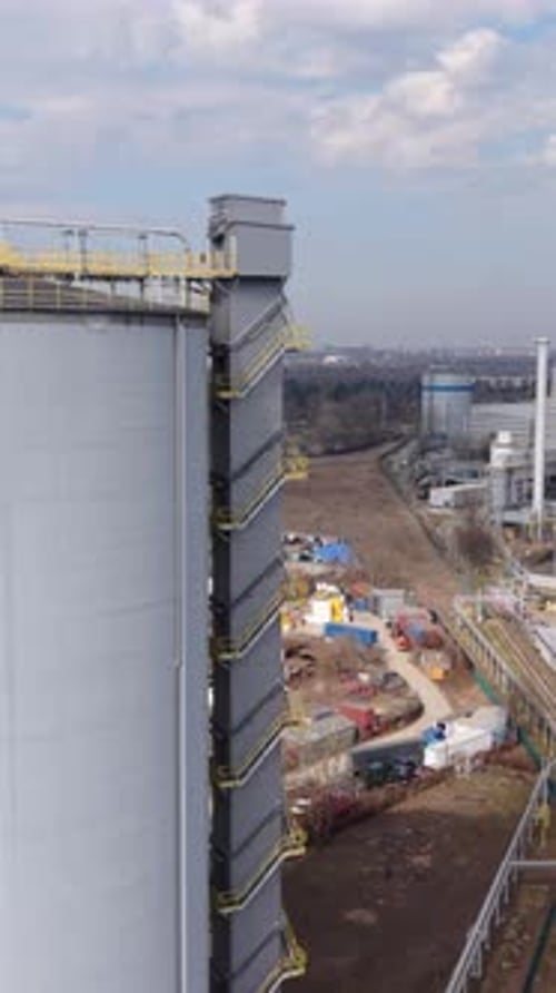 Vertical screen Silo Stairway Against Warszawa Skyline Backdrop, Vertical Exterior Steps And Yellow