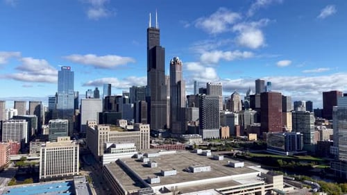 vista aérea inclinada hacia abajo, horizonte de Chicago, Illinois