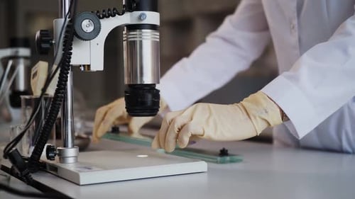 Assistant Puts Slide to Microscope to Check Product Quality