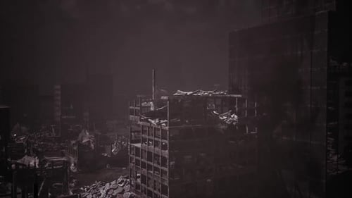 Destroyed Cityscape Animation with Grunge Post-Apocalyptic Theme