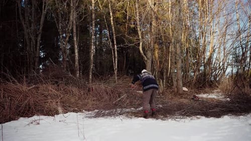 L'homme jette le bois d'allumage au bord de la forêt pour l'utiliser comme bois de chauffage pendant l'hiver