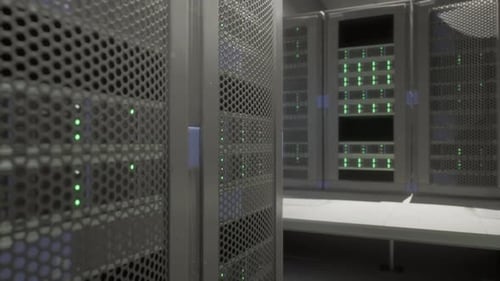 Shot of Corridor in Working Data Center Full of Rack Servers and Supercomputers