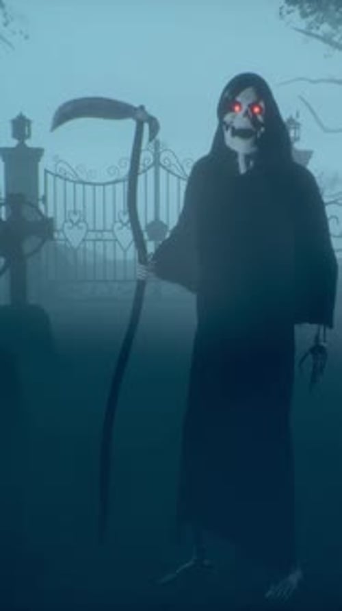 Grim Reaper with Scythe Standing in Spooky Fog for Halloween