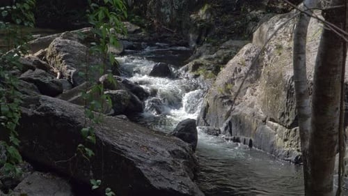 Water Flowing Into Rocky Mountain Stream With Boulders - River In The Forest. - wide shot