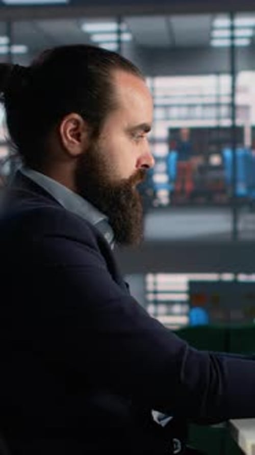Vertical Video Adult Businessman Analyzing Company Data and Metrics on Laptop