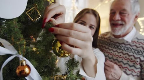 Woman and Senior Man Decorate Christmas Tree Together