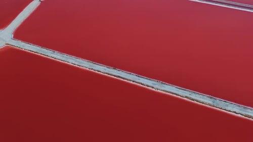 Vivid aerial view of striking red salt flats divided by a thin road