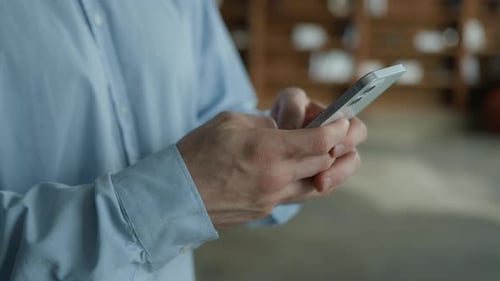Side View Unknown Young Caucasian Man Businessman User Male Hands Hold Mobile Cell Phone Typing
