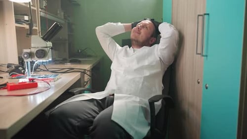 Technician Resting in Office at Workbench