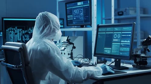 Microelectronics Engineer Works in a Modern Scientific Laboratory on Computing Systems and