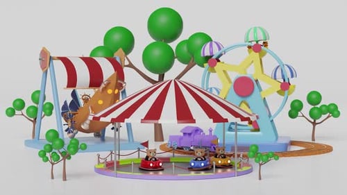 Animated 3D Cartoon Amusement Park with Animal Rides