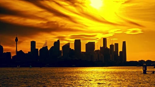 Sunset Cityscape Glow Golden Sunset Casting Silhouettes Over Bustling Harbour And Swirling Clouds