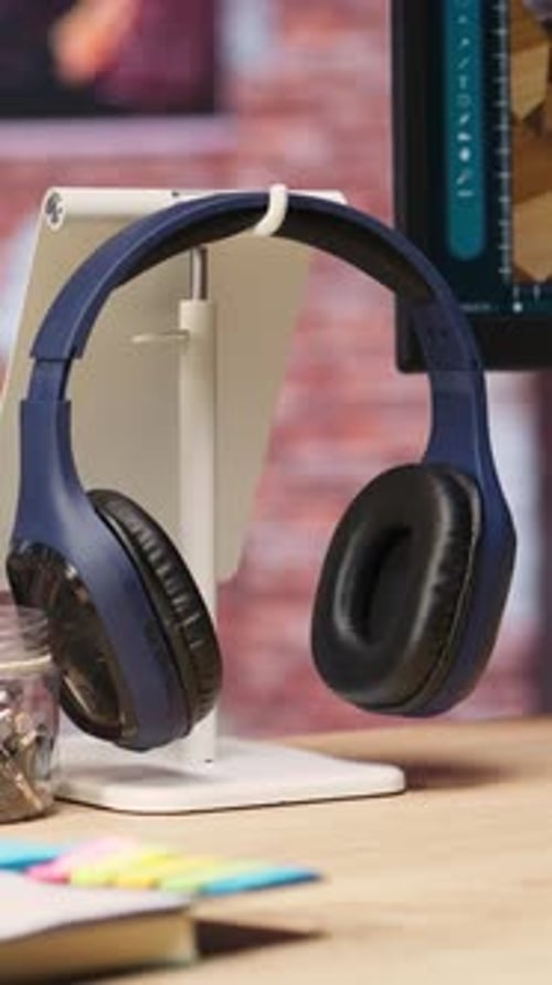 Vertical Video Close Up of Headphones on Home Office Desk Next to PC Screen