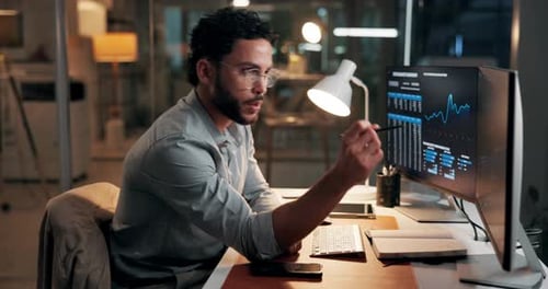 Man, computer screen and review with trading, graphs and stock market stats with notes at startup