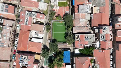 Green soccer field in the heart of Jerusalem Mahane Yehuda area, Top down view