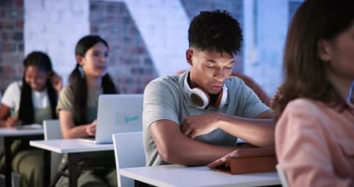 University, tired man and student sleep with education burnout, study fatigue or bored in class